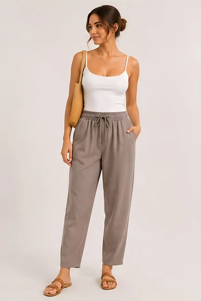 Lili Woman Kadın Taupe Natural Bağcıklı Dar Paça Pantolon E.3076 ürün görseli 1