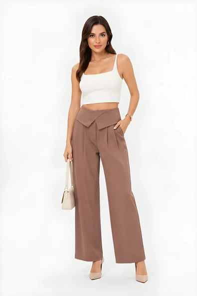 Lili Woman Kadın Drapeli Yüksek Bel Wide Leg Pantolon Kahve 51296 ürün görseli 1