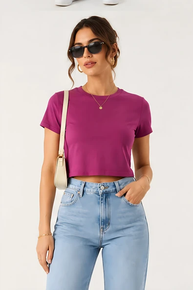 Lili Woman Kadın Basic Kısa Kol Crop Tişört E.8002P - Resim 5