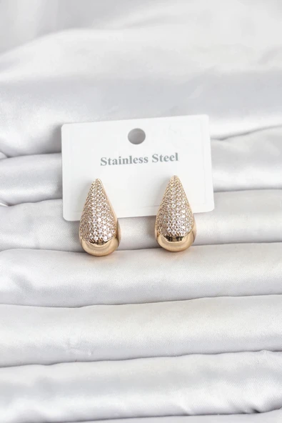 316L Çelik Gold Renk Zirkon Taşlı Damla Model Kadın Küpe ürün görseli 1