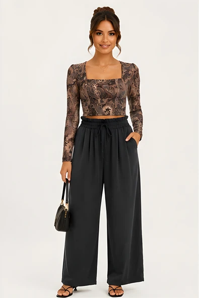 Lili Woman Kadın Paisley Desenli Tül Crop Bluz E.2557 ürün görseli 1
