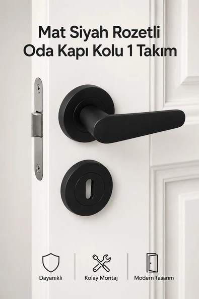 1 Takım Mat Siyah Rozetli Oda Kapı Kolu Sağa Sola Uyumlu Modern Kapı Kolu Takımı ürün görseli 1