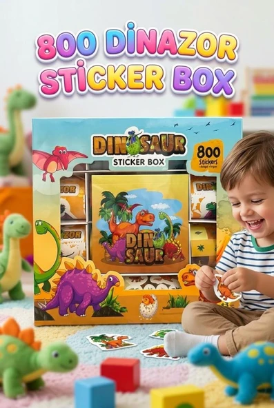 Dinosaur Sticker Box 800 Parça Eğitici  Dinozor Temalı Çıkartma, Not Defteri ve Origami Seti ürün görseli 1