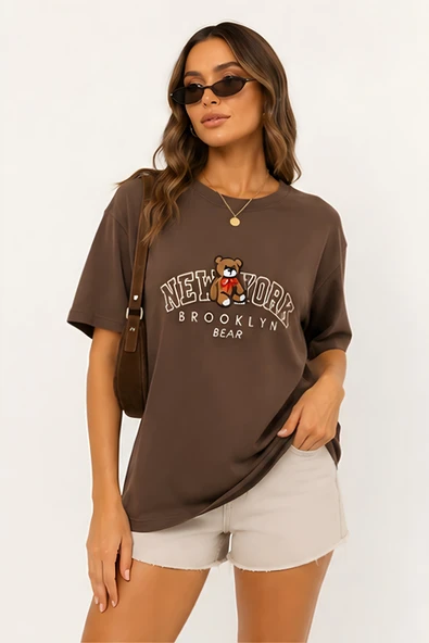 Lili Woman Kadın New York Bear Baskılı Oversize Tişört D.11156K ürün görseli 1