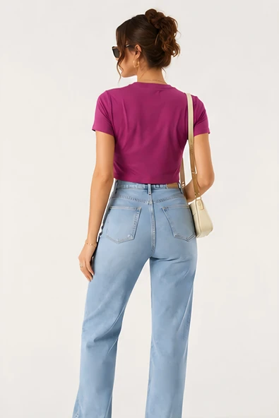 Lili Woman Kadın Basic Kısa Kol Crop Tişört E.8002P - Resim 3