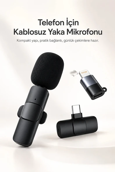Kablosuz Yaka Mikrofonu USB-C ve Lightning Uyumlu Tak Çalıştır Telefon Kayıt Mikrofonu ürün görseli 1