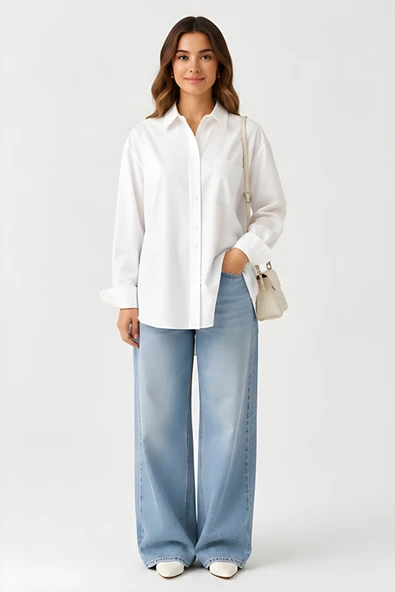 Lili Woman Kadın Beyaz Oversize Poplin Gömlek 4943 ürün görseli 1
