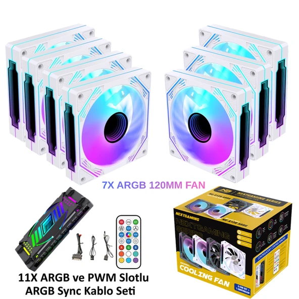 NG-A120W 7 Adet Infinity Mirror ARGB PWM Kasa Fanı 11X ARGB PWM Slot Kontrolcü ve Kumanda Beyaz ürün görseli 1