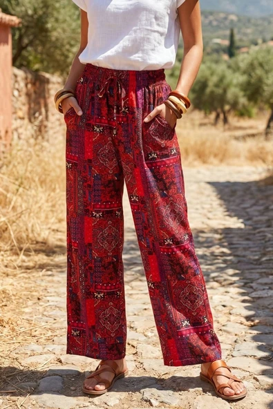 Kadın Bordo Paisley Anadolu Motif Rahat Dökümlü Bol Paça Dokuma Şalvar 25KSLVH504 ürün görseli 1