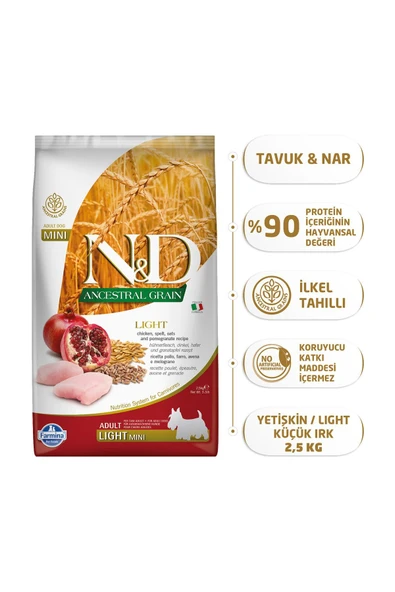 N&D ANCESTRAL GRAİN DOG LİGHT-CHİCKEN, SPELT, OATS&POMEGRANATE ADULT MİNİ 2,5KG ürün görseli 1