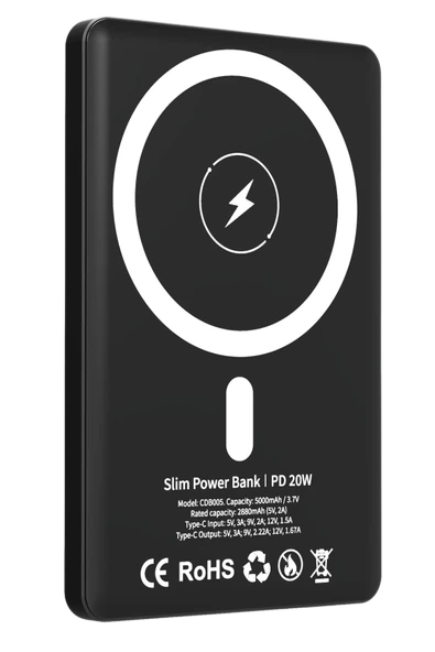 URR CDB005 5.000 mAh 20W Type-C 15W Kablosuz Şarj Magsafe UltraSlim PD Powerbank - Siyah ürün görseli 1