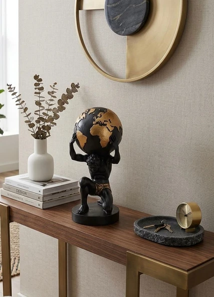 Modern Dekoratif Biblo – Siyah Gold Detay Atlas Dünyayı Sırtında Taşıyan Adam Heykeli, Salon Konsol & Sehpa Üstü Şık Ev Dekorasyonu, Lüks Ofis Aksesuarı ürün görseli 1