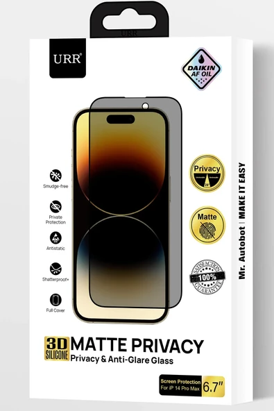 URR iPhone 15 Pro Max 3D Matte Privacy Resin Edge Cam Ekran Koruyucu - Siyah ürün görseli 1