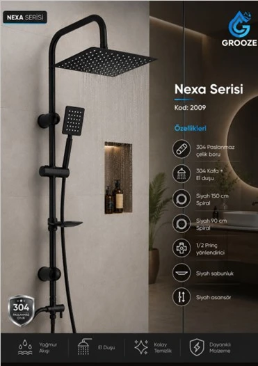 GROOZE ROBOT DUŞ SETİ - FLAT DUŞ SETİ - NEXA - 304 MAT SİYAH METAL TEPE VE EL DUŞU ürün görseli 1