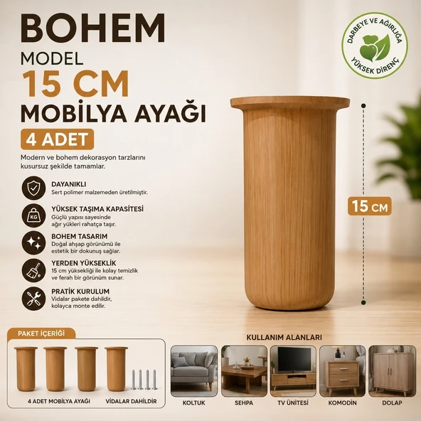 Bohem Model 15 cm Mobilya Ayağı Söğüt Rengi Sert Polimer Koltuk Dolap Tv Ünitesi Ayağı-4 Adet ürün görseli 1