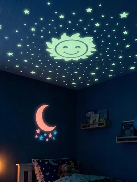 Mucit Home Güneş Ay Figürlü Renkli Yıldızlı Fosforlu Duvar Süsü Gece Parlayan ürün görseli 1