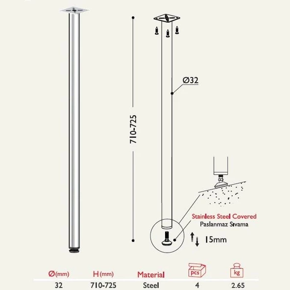 Masa Ayağı 11.170 - 32mm (4 Adet) - Resim 2