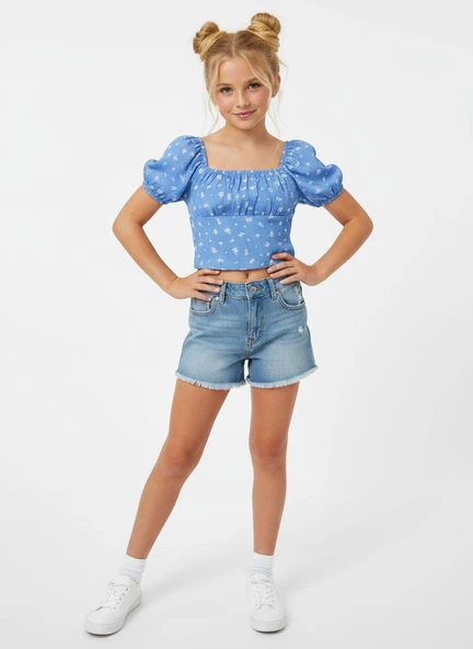 Çiçekli Kız Çocuk Crop Bluz - Resim 4