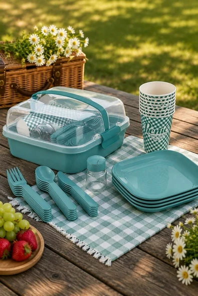 Titiz Lovely 32 Parça 6 Kişilik Piknik Seti BPA Free Kapaklı Taşınabilir Piknik Sepeti ürün görseli 1