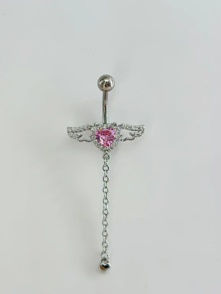 Melek Kanatlı  Pembe Taşlı Kalp Detaylı Sallantılı  Göbek Piercing - Pg0104 ürün görseli 1
