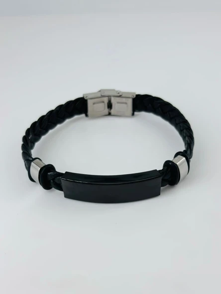 Siyah Deri  / Çelik  Erkek Deri Bileklik 20 Cm  - Ebl0031 ürün görseli 1