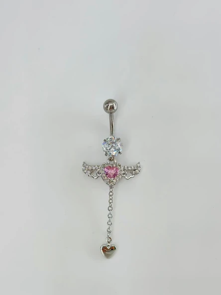 Melek Kanatlı Pembe Taşlı Sallantılı Göbek Piercing - Pg0124 ürün görseli 1