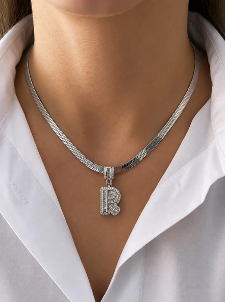 ? Premium Gümüş Renk Şık ve Parlak Taşlı 316L Çelik Silver R Harf Kolye (45cm) ürün görseli 1