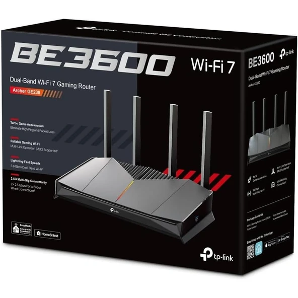 TP-Link Archer GE230 | Wi-Fi 7 Gaming Router | BE3600 Mbps Çift Bant | 2× 2.5g Lan Port | Rgb Aydınlatma | Oyun Paneli | Turbo Oyun Ivmesi | Easymesh Desteği | Homeshield ürün görseli 1