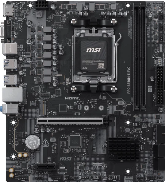 MSI MB PRO B850M-E EVO AM5 DDR5 8200MHZ(OC) HDMI VGA M.2 USB 5Gbs 2.5G LAN mATX ürün görseli 1