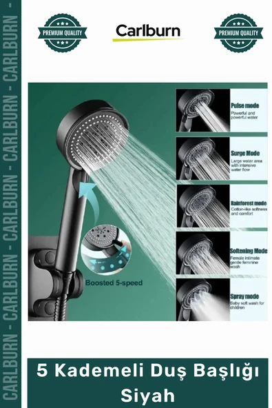 #DuşBaşlığı Modern Şık Tasarım Fonksiyonlu Banyo Aksesuarı Mat Estetik 5 Kademeli Duş Başlığı Siyah ürün görseli 1