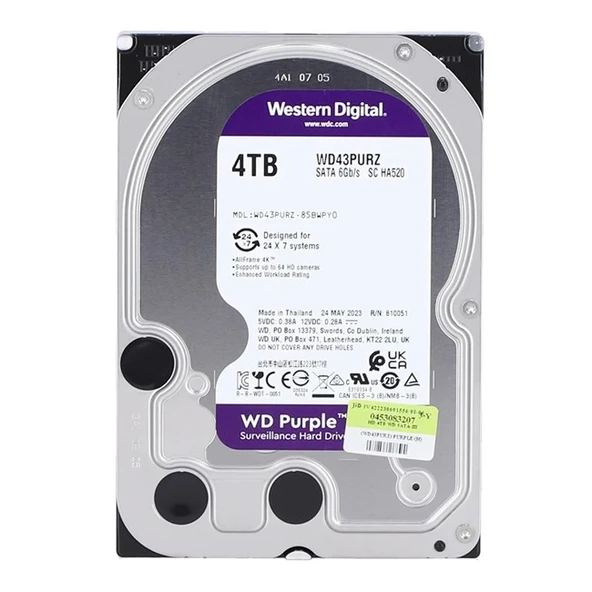 WD 3.5" 4TB PURPLE WD43PURZ 5400 RPM 256MB SATA-3 Güvenlik Diski ürün görseli 1