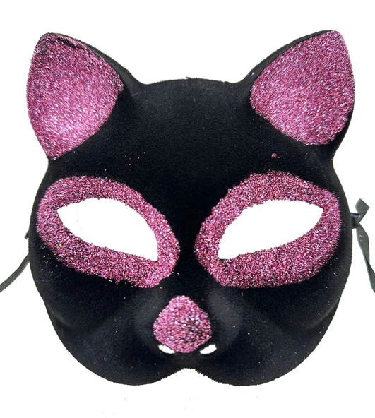 Siyah Renk Pembe Simli Süet Kaplama Kedi Maskesi 18x14 cm ürün görseli 1