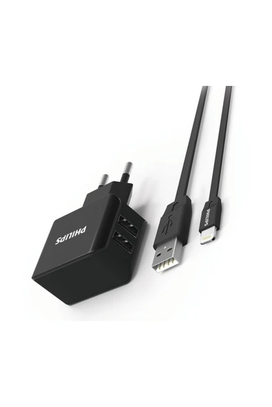 Philips DLP2502L Duvar Şarj Cihazı & MFI Lisanslı Lightning Kablo, Siyah ürün görseli 1