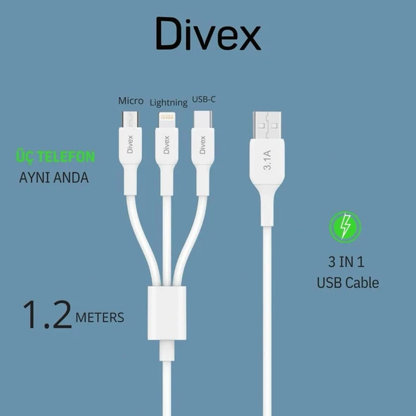 Divex 3.1A 3'ü Bir Arada Hızlı Şarj Data Kablosu DC-113 ürün görseli 1
