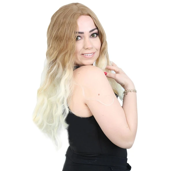 Su Daası Uzun Perçemsiz Fiber Sen Peruk / Balköpüğü / Platin Orta Ombreli ürün görseli 1