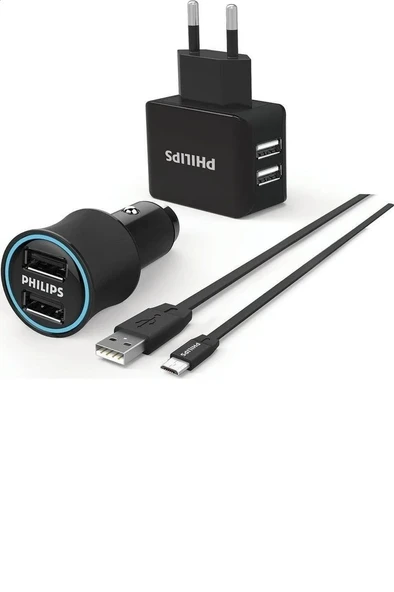 Philips Dlp2553Em Araç İçi Şarj Cihazı & Duvar Şarj Cihazı & Micro Usb Kablo Birarada Combo Ürün ürün görseli 1