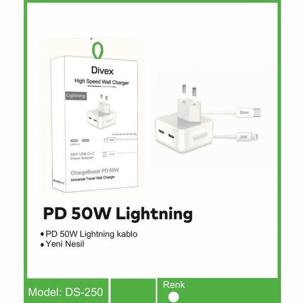 Divex 50W 2X Type-C Girişli 25W Kablolu Lightning Şarj Aleti DS-250 ürün görseli 1