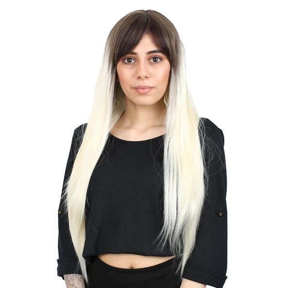 Fiber Sen Uzun Düz Kahküllü Peruk / Küllü Açık Kahve / Platin Ombreli ürün görseli 1