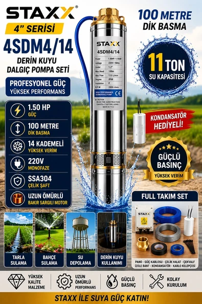 SSA304 Çelik Şaftlı 14 Kademeli Derin Kuyu Dalgıç Pompa Sistemi 11Ton 4SDM4/14 220V Kalem Dalgıç ürün görseli 1