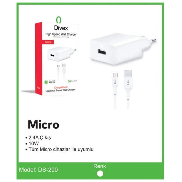Divex Micro USB Kablo - Adaptör 2.4A Ev Tipi Şarj Aleti DS-200 - Resim 3