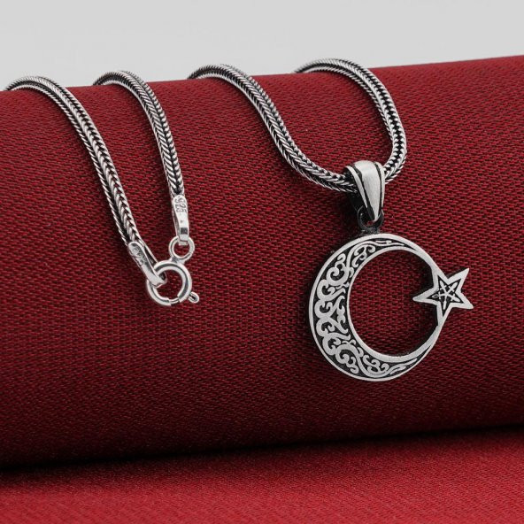 Ay Yıldız Tasarımlı Desenli 925 Ayar Gümüş Kolye ürün görseli 1