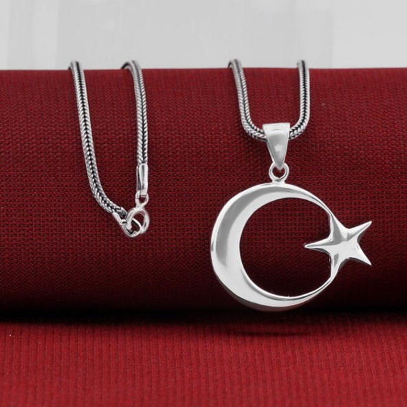 Çift Taraflı Ay Yıldız 925 Ayar Gümüş Kolye - Resim 2