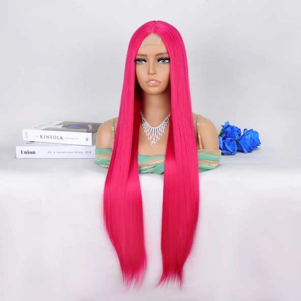 Koyu Pembe Ekstra Uzun Tül Peruk - Resim 2
