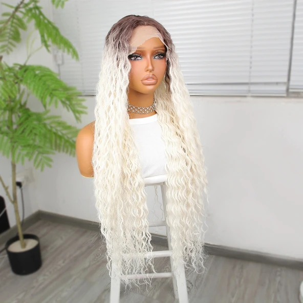 Afro Daa Kumral Beyaz Platin Ombre Fiber Sen Tül Peruk ürün görseli 1