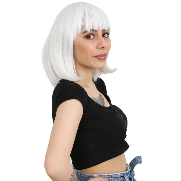 Küt Kahküllü Fiber Sen Peruk / Beyaz ürün görseli 1