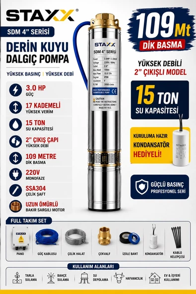 4SDM8/17 3HP Derin Kuyu Dalgıç Pompa Seti 109 Metre Dik Basma 15 Ton Su Kapasiteli 2'' Çıkışlı 220V ürün görseli 1