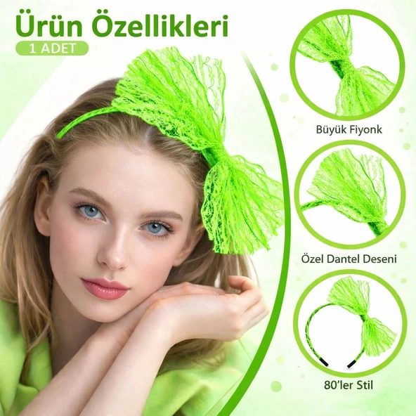 80’ler 90’lar Neon Yeşil Dantel Taç Fiyonklu ürün görseli 1