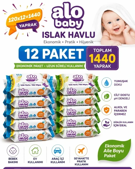 Alo Baby Ekopack Islak Havlu 120'li x 12 Paket (Toplam 1440 Yaprak) ürün görseli 1