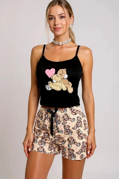 Ayıcık Desenli Askılı Şortlu Kadın Pijama - Resim 2