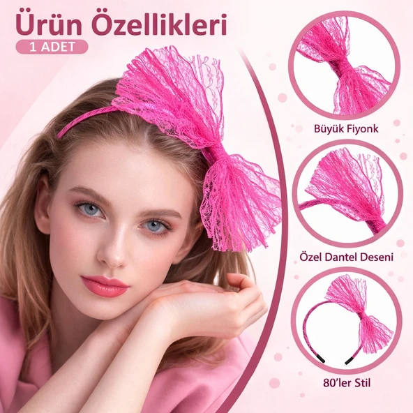 80’ler 90’lar Neon Pembe Dantel Taç Fiyonklu ürün görseli 1